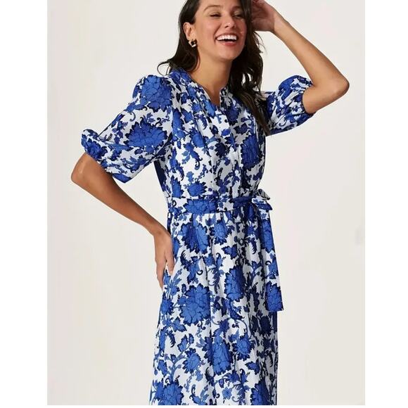 Joie Blue Floral Shirt Dress Belted Fit Flare Casual Size 12 - Picture 1 of 10
